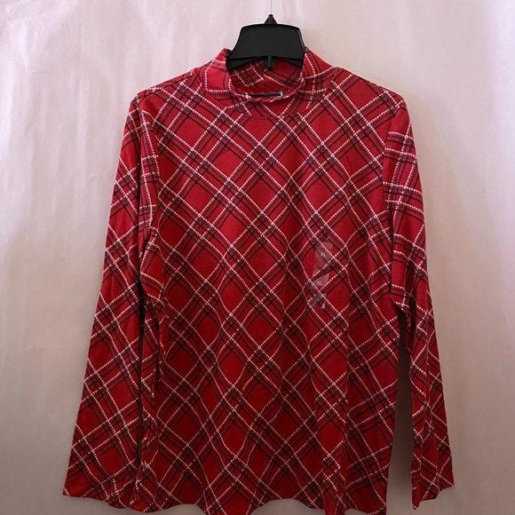 Karen Scott Red Long Sleeve Plaid High Neck Top NWT - Picture 4 of 8